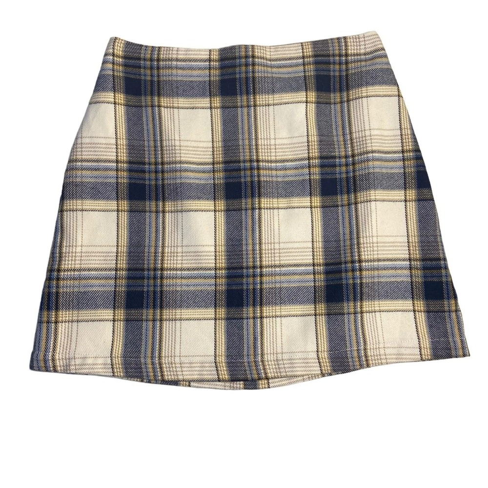 Blue Rain Plaid Mini Skirt Women Size Small Cream Navy Tan A-Line WS30662
